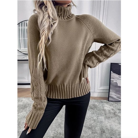 Sweaters - Mocha Brown Chunky Knit Turtleneck Raglan Sleeve Sweater